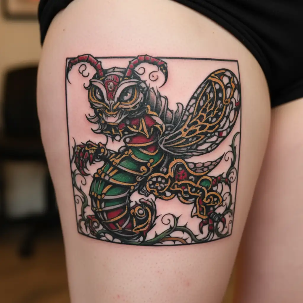  blending the themes of gym and transformation, featuring a caterpillar evolving into a muscular figure tattoo design idea