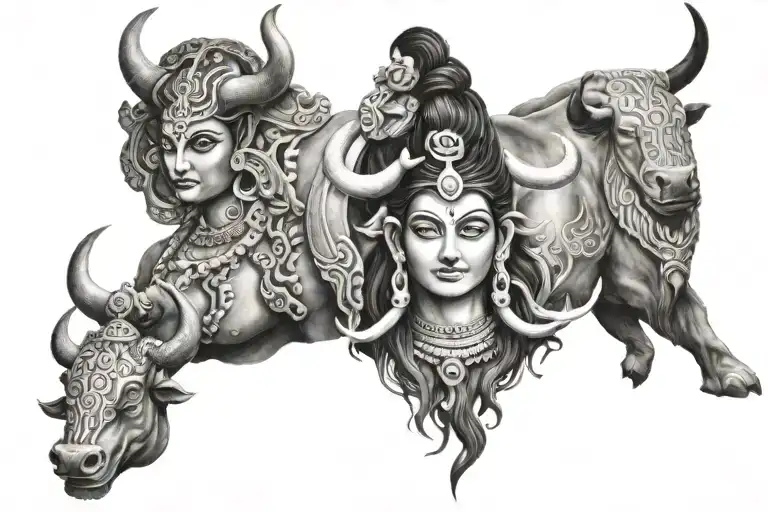 mahadev with trishul ,damru and nandi bull in galaxy tattoo design idea