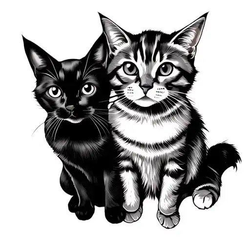 Do a tattoo stencil of 2 cats sat next to eachother. One black and small with short fur and one grey and fluffy  tattoo design idea