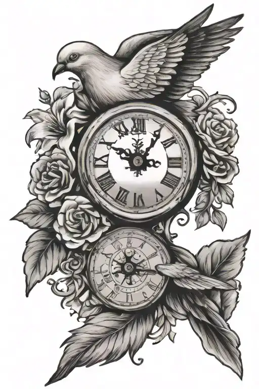 dove with a clock with the name of Barbara Leanne Bower born date of August 31 1949 then death date of July 1st 2022 tattoo design idea