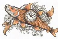 Koi fish, old clock melting tattoo design idea