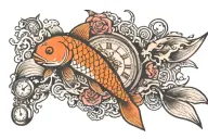 Koi fish, old clock melting tattoo design idea
