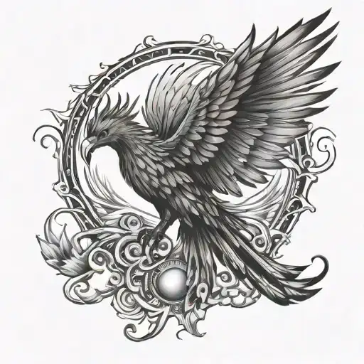 A majestic phoenix rising from the horizon with rays of the sun radiating behind it tattoo design idea