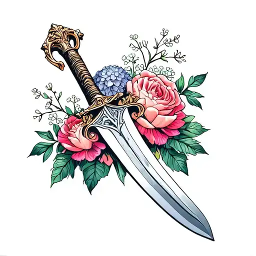 flower bladed sword using roses, peonies, hydrangeas and baby's breathes with a double handle tattoo design idea