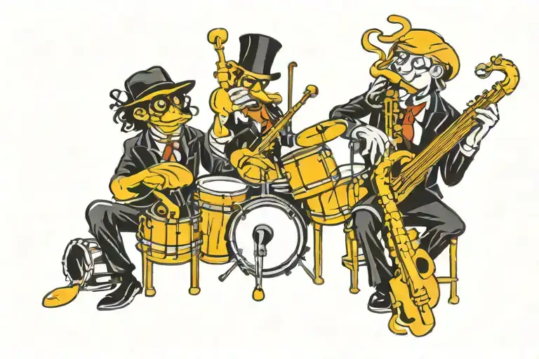 drums bass 2 guitars 2 pianos trumpet clarinet saxophone percussions tattoo design idea