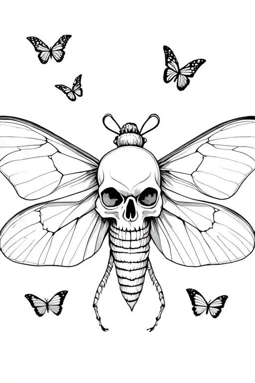 a moth with a skull surrounded by normal butterflies flying upwards tattoo design idea