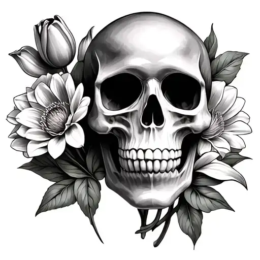 girly skull with tulip, Easter Lilly and dahlia flowers tattoo design idea