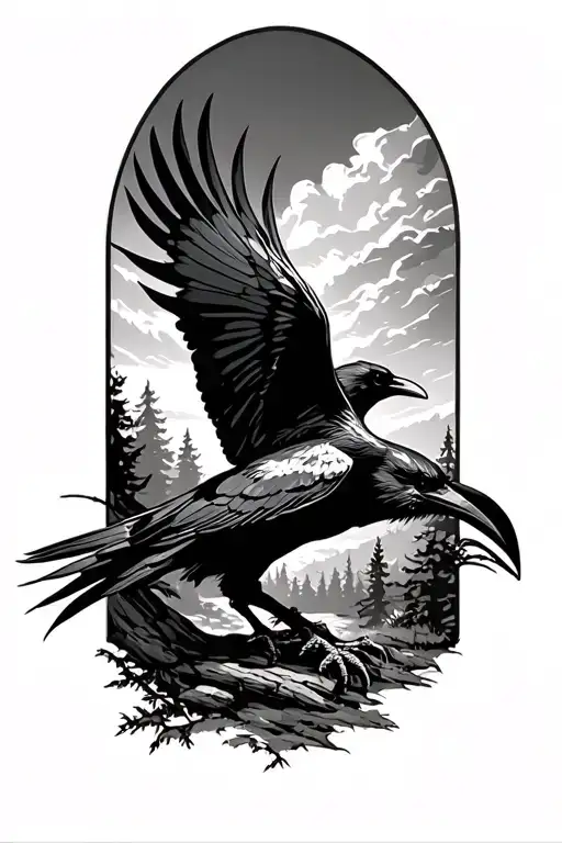 evil crow flying in forest landscape tattoo design idea