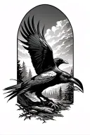 evil crow flying in forest landscape tattoo design idea