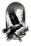 evil crow flying in forest landscape tattoo design idea
