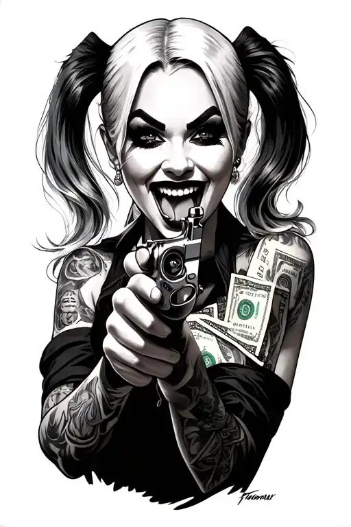 Harley Quinn  urban streetwear, smirking with tongue out, holding a revolver near her face surrounded by hundred dollars tattoo design idea