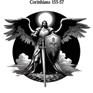 "Corinthians 15:57" archangel Micheal wingsspread acros covered in armor with a shield with a cross on it with sword in ground and cloud up tattoo design idea