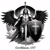 "Corinthians 15:57" archangel Micheal wingsspread acros covered in armor with a shield with a cross on it with sword in ground and cloud up tattoo design idea