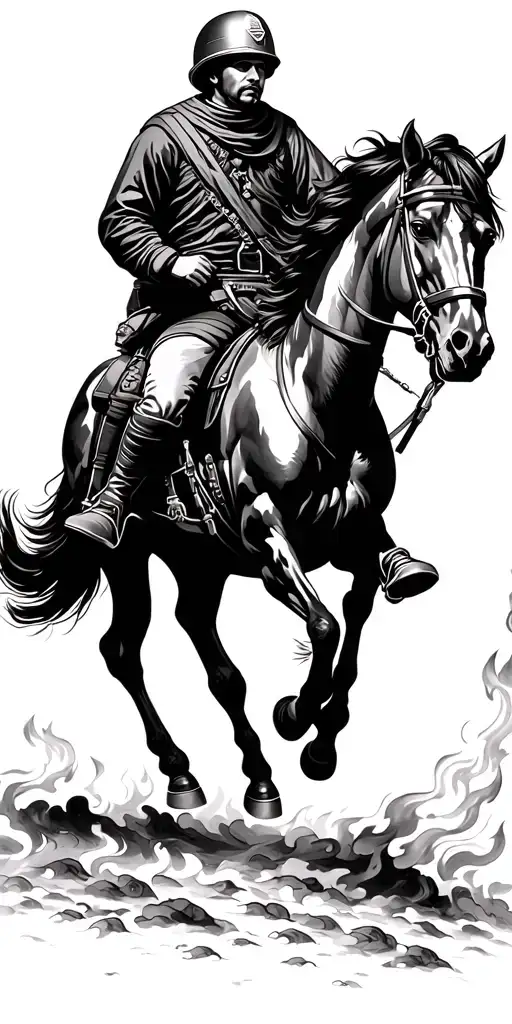 iranian soldier black horse rider goes into fire  tattoo design idea