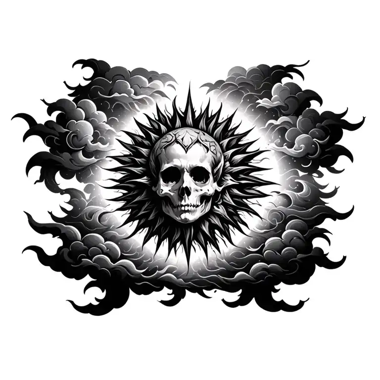 A gothic sun shining trough dark clouds surrounding tattoo design idea