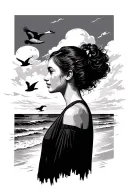 background beach and clouds with two geese flying by, with a side profile of a woman facing the right in the foreground  tattoo design idea