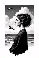 background beach and clouds with two geese flying by, with a side profile of a woman facing the right in the foreground  tattoo design idea