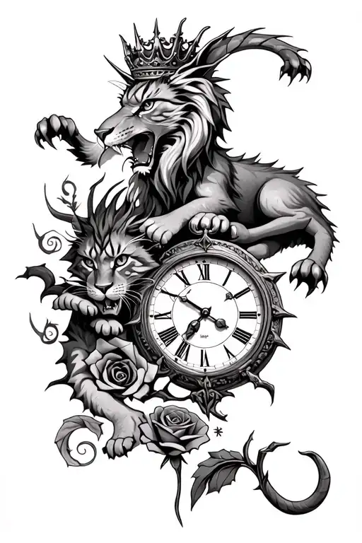 Lion with crown, angry dragon, cat lying on clock, hand reaching for treasure, rose with thorns tattoo design idea