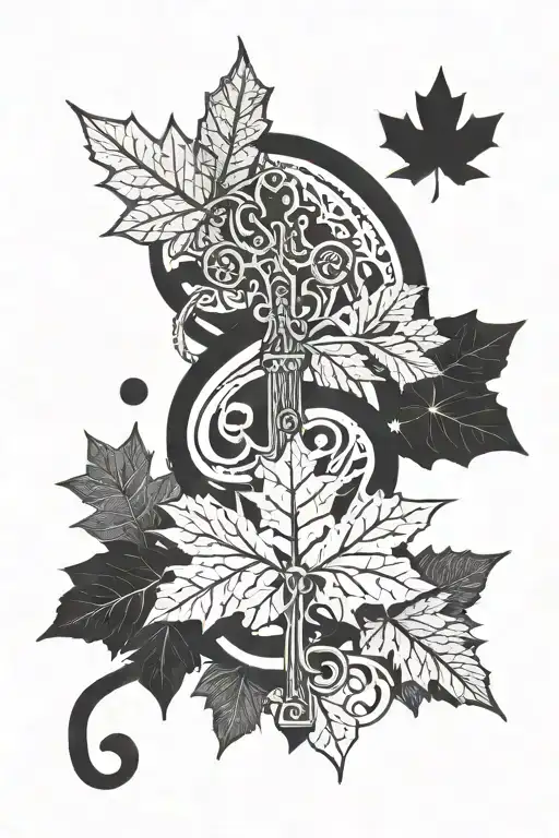 key, unalome, galaxy, infinity, maple leaf tattoo design idea