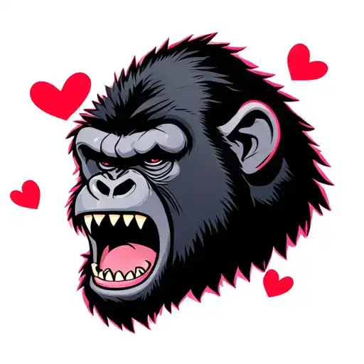 gorilla head screaming cartoony and goofy looking and femine w hearts around it and straight teeth not gorilla fangs  tattoo design idea