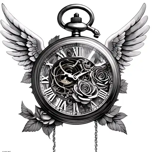 mechanical pocket watch with roses, angel wings and evil eye tattoo tattoo design idea