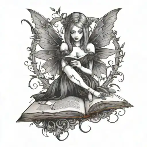 gothic fairy reading a book and below is write the words. mom 31/7/70 27/7/24 tattoo design idea