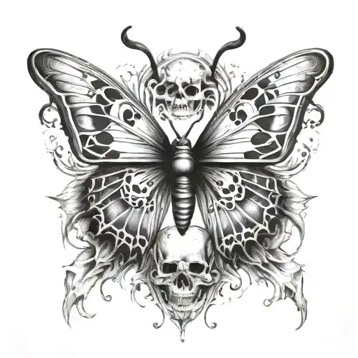 Masculine tattoo of a butterfly with skulls on the wings, black and white, dark vibe, outline tattoo design idea
