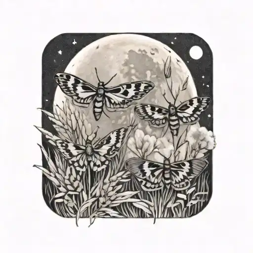 3 colorful moths in front of grass and full moon shining tattoo design idea