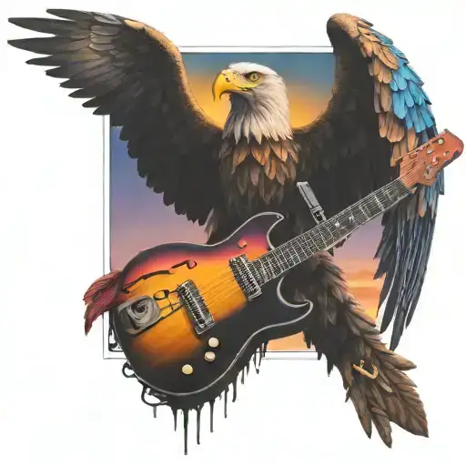 colorful sunset behind eagle wings spread behind electric guitar tattoo design idea