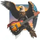 colorful sunset behind eagle wings spread behind electric guitar tattoo design idea