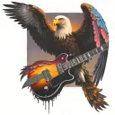 colorful sunset behind eagle wings spread behind electric guitar tattoo design idea