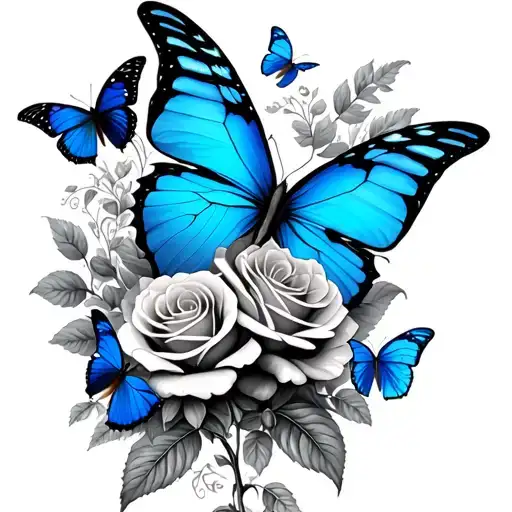 trail of roses with blue butterflies tattoo design idea