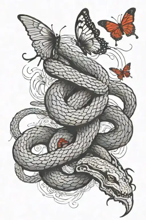 a snake coiled with a butterfly flying and the words,"No Fear For Death Has No Mercy", in red lettering. tattoo design idea