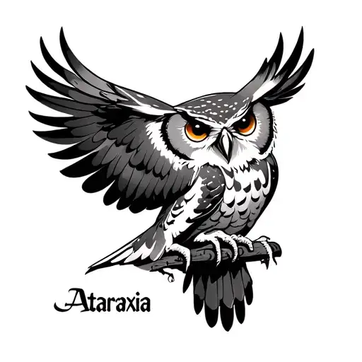 I want a tattoo on the Shoulder, of an Owl, I want the tattoo to have the word Ataraxia tattoo design idea