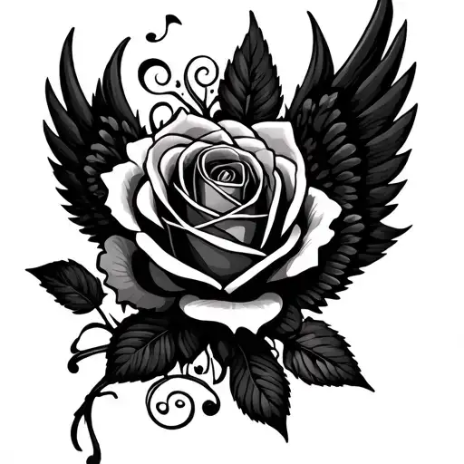 Rose tendrils, wings, musical grade, mandala tattoo design idea