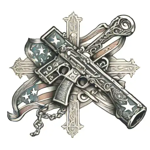 An intricate cross design intertwined with the American flag and a subtle representation of the 2nd amendment tattoo design idea