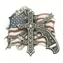 An intricate cross design intertwined with the American flag and a subtle representation of the 2nd amendment tattoo design idea