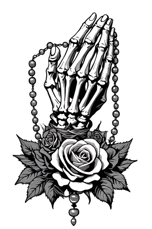 Skeleton hands praying with rosary beads wrapped around and roses with thorns around the bottom  tattoo design idea