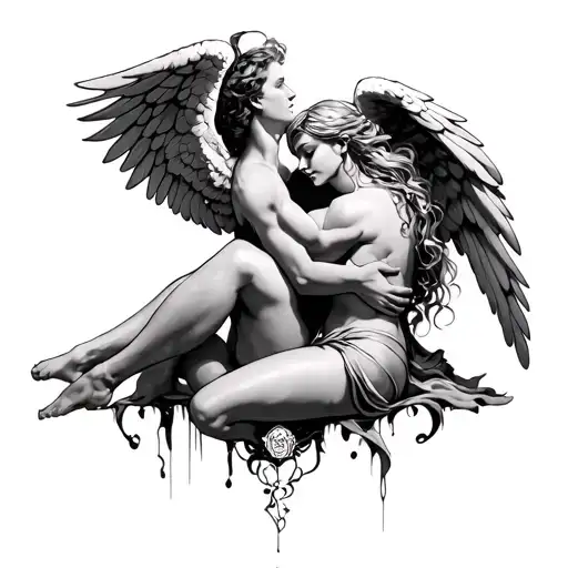 Make a tattoo of a sexy female angel protecting a broken man in her arms tattoo design idea