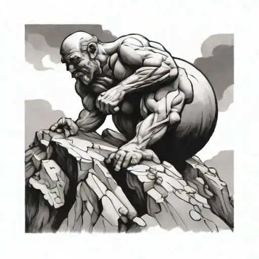 myth of sisyphus pushing rock up hill tattoo design idea