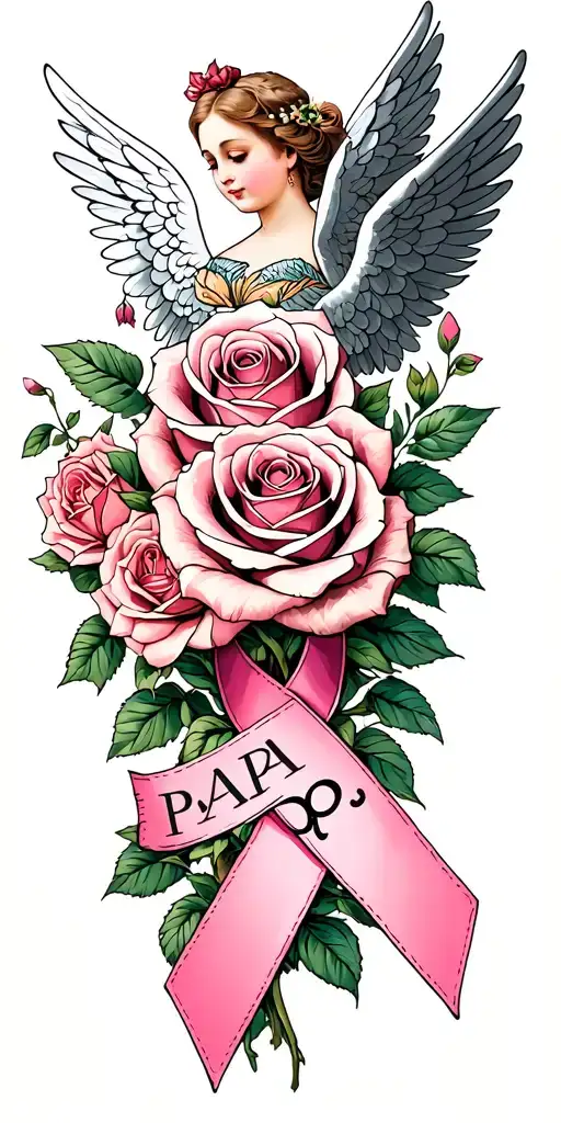 roses with angels and a pink cancer ribbon that says papa tattoo design idea
