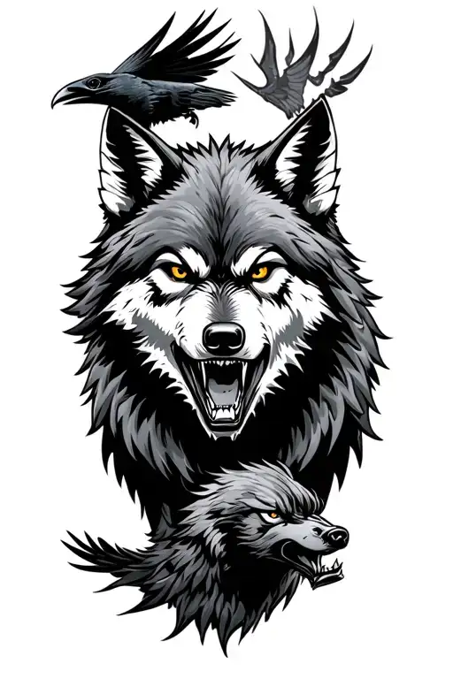 angry wolf and raven soaring tattoo design idea
