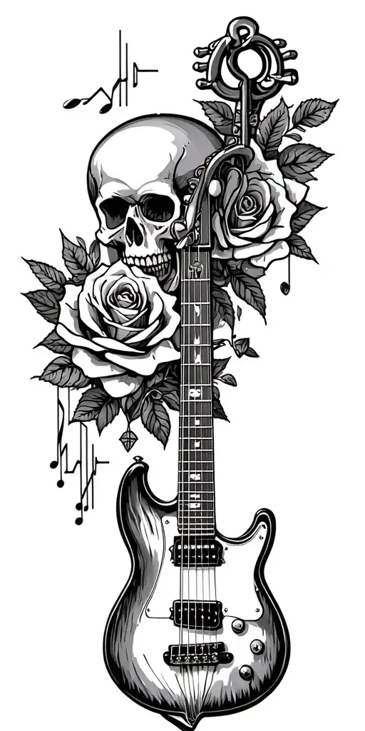 Skull and Roses, Electric Guitar, Anchor, Heartbeat, notes tattoo design idea