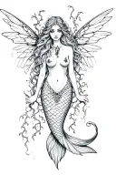 mermaid with vines wrapping and cicada wings tattoo design idea