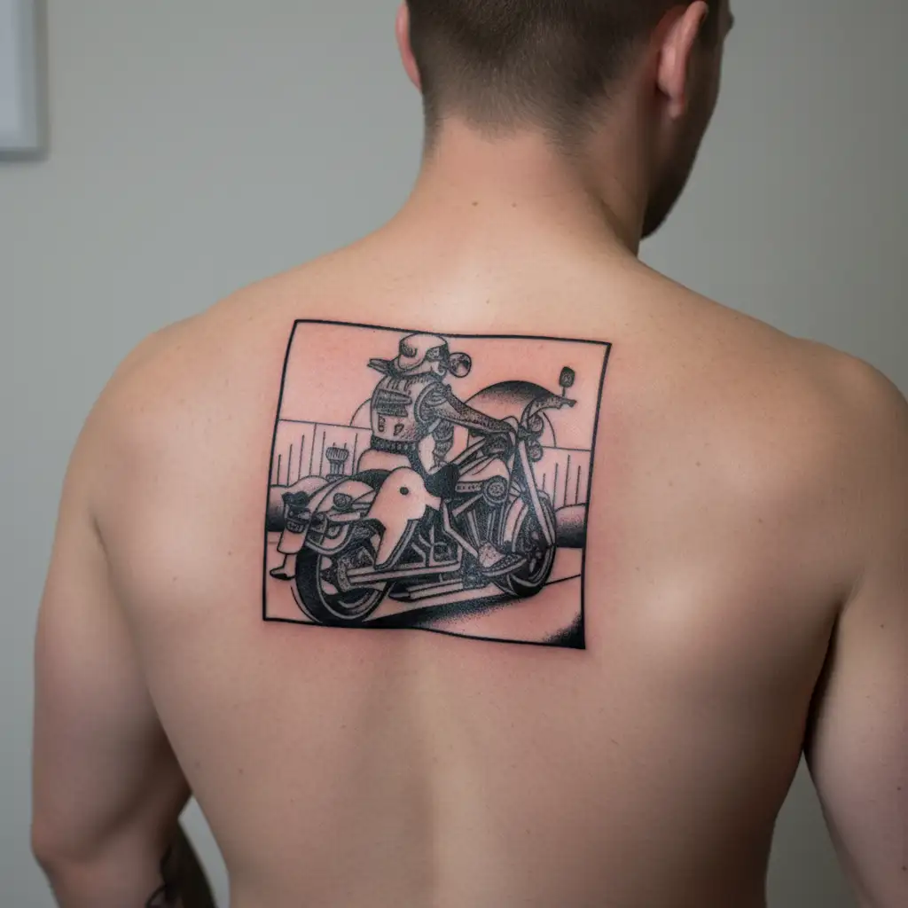 Harley Davidson motorcycle driving up a curving road tattoo design idea