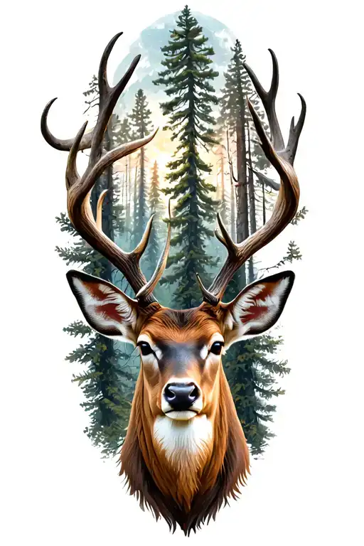 family of deer head with trees tattoo design idea
