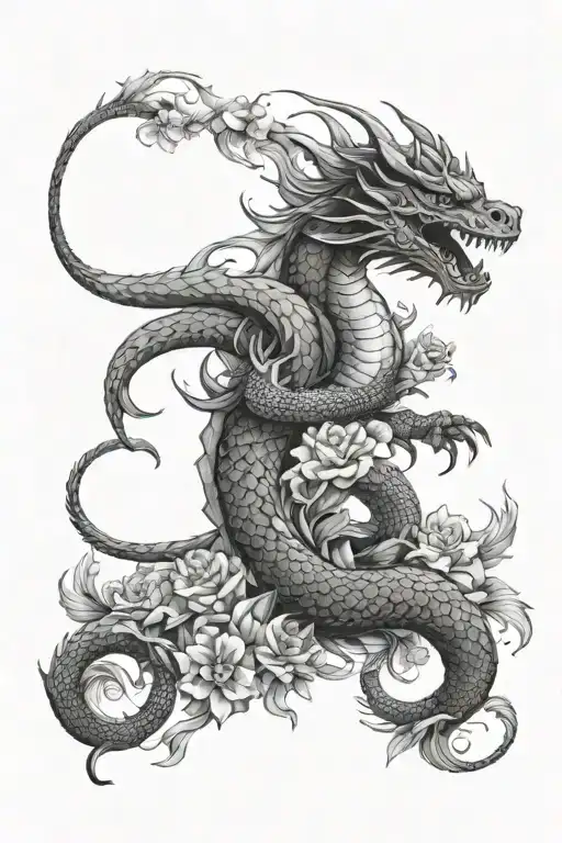 flowers dragon and snake tattoo design idea