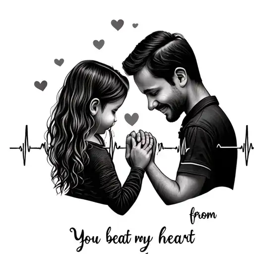 Tattoo of father and young daughter holding hands, with heart beat lines, and they lyrics “ you beat my heart from miles tattoo design idea