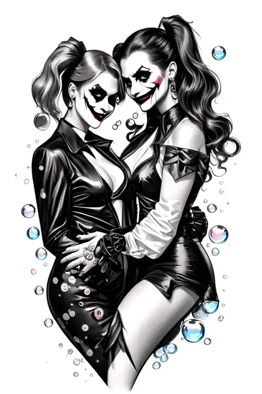 bubbles,lollipops, harley quinn and joker tattoo design idea