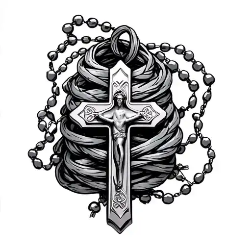 Rosary necklace with cross wrapped tattoo design idea